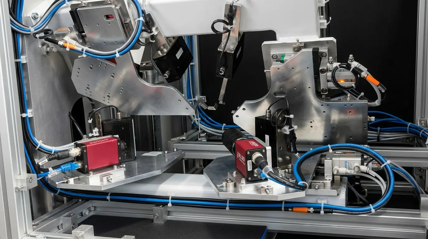 Magpie inspection cell overview with machine vision cameras and fixtures
