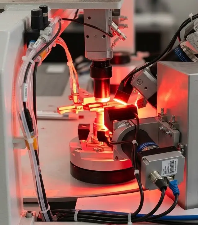 Magpie inspection module with red illumination on machined part