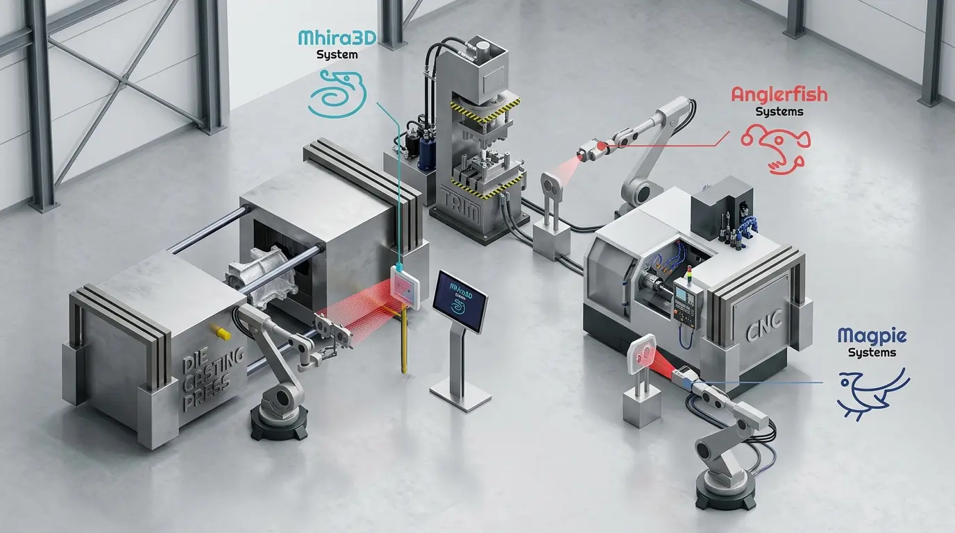 Die-casting island render with the three Imago systems: Mhira3D, Anglerfish, and Magpie
