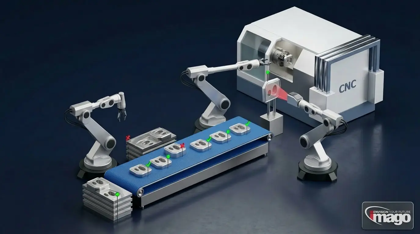 Magpie application render with robots, CNC and conveyor for automated post-machining quality control